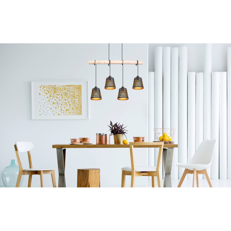 Suspensie metal negru mat, lemn natural, metal negru-auriu mat