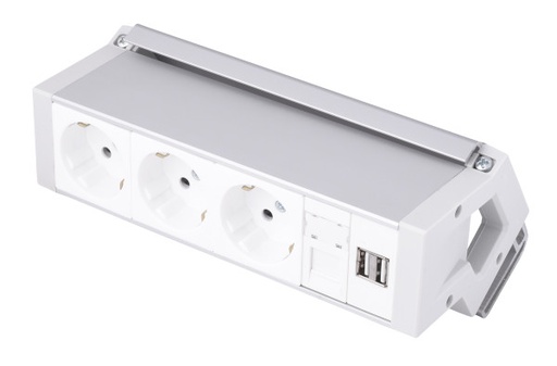 [1500.08.01] PRIZA BIROU 3 SCHUKO+2 USB+1 LAN - ALUMINIU