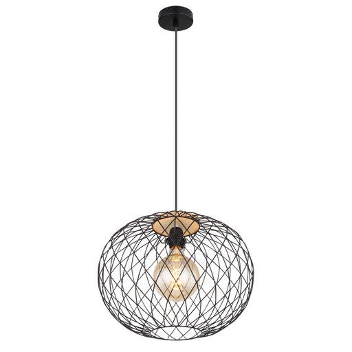 [54039H] Suspensie metal negru/imitatie lemn maro, abajur gratii metal